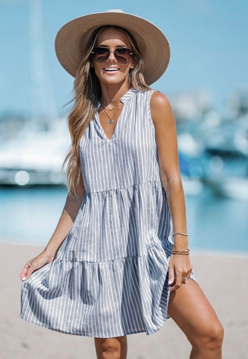 Cupshe Women's Blue And White Striped Sleeveless Split Neck Tiered Mini Dress